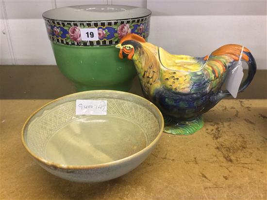 Porcelain Art pottery bowl, cockeral teapot etc